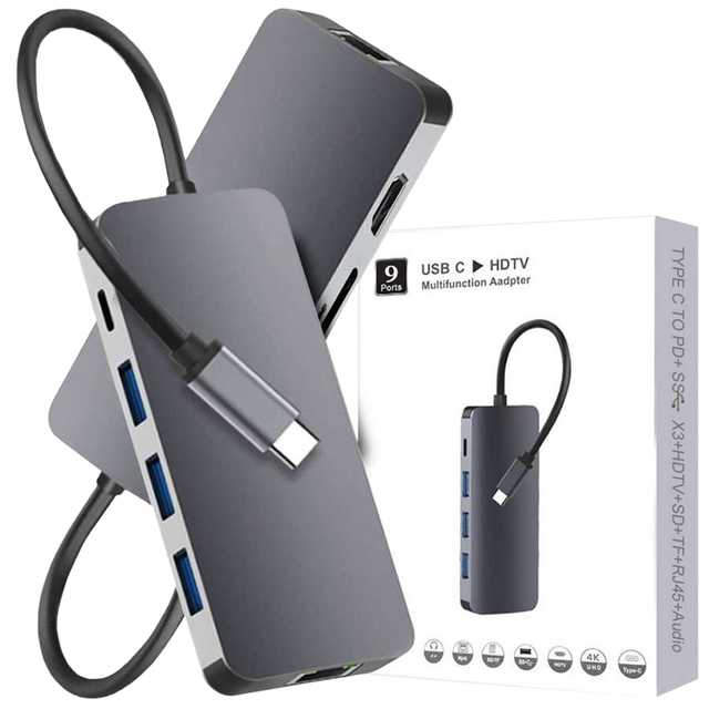 Alogy Adapter HUB 9w1 przejściówka HDMI RJ45 USB-C PD 3xUSB AV SD/TF