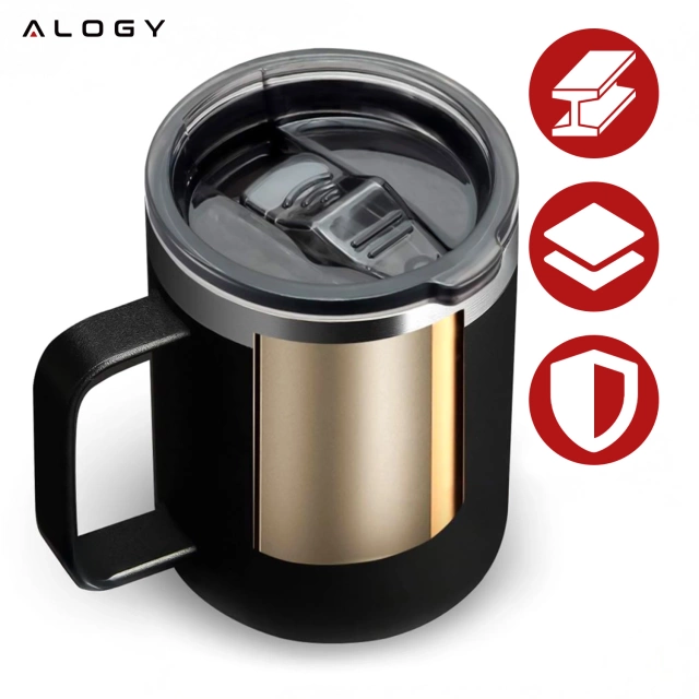 Alogy Kubek termiczny z uchwytem Thermal Mug otwierana pokrywka stalowy zimno i ciepło Czarny
