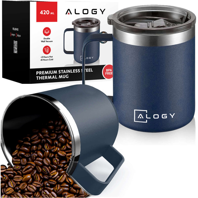 Alogy Kubek termiczny z uchwytem Thermal Mug otwierana pokrywka stalowy zimno i ciepło granatowy