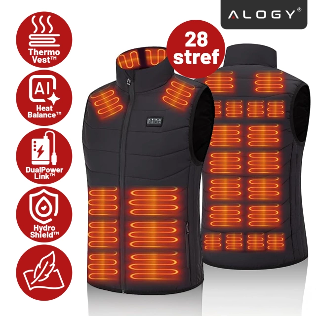 Kamizelka grzewcza z 28 strefami – 4-stopniowa regulacja temperatury, zasilanie USB, idealna na zimę i aktywności outdoor – Alogy ThermoVest™ Czarna (XL)