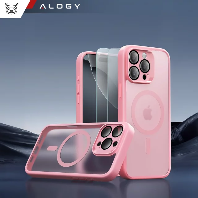 3w1 Zestaw Etui Hybrydowe + Szkło do Apple iPhone 16 Pro obudowa ochronna Hybrydowe MagSafe z ochroną obiektywu case + 2x Szkło hartowane ochronne na telefon Alogy 3in1 Case Pack Różowe