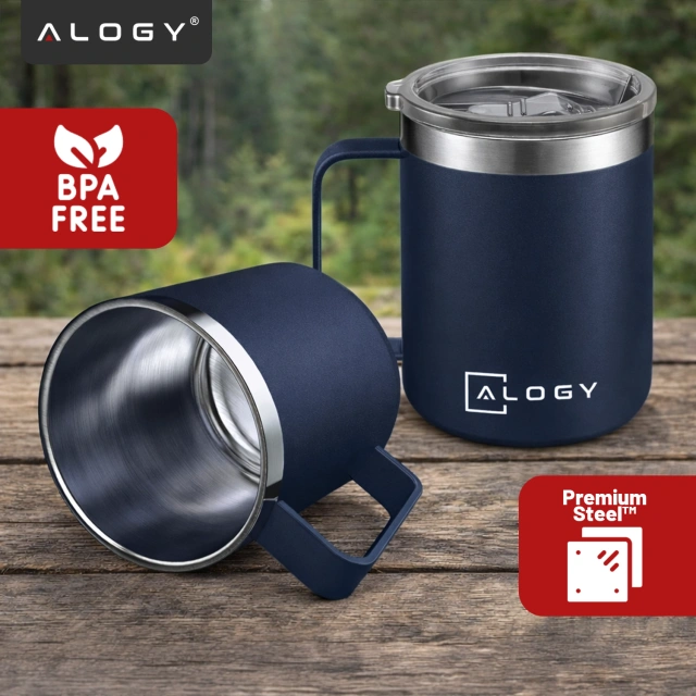 Alogy Kubek termiczny z uchwytem Thermal Mug otwierana pokrywka stalowy zimno i ciepło granatowy