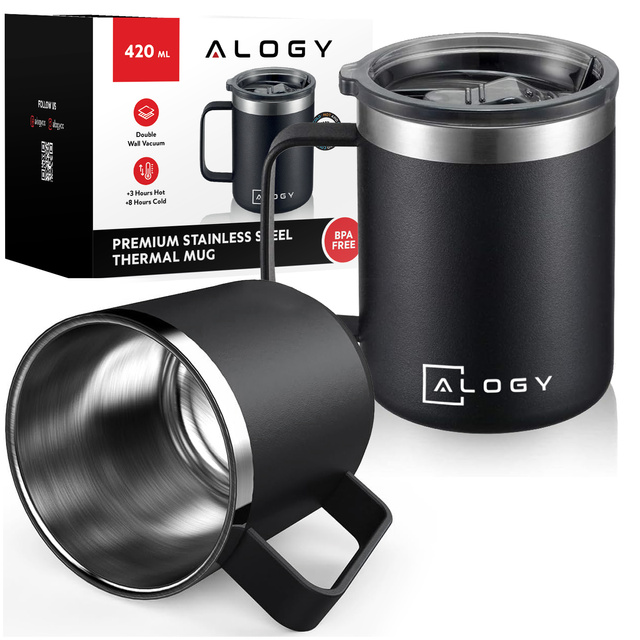 Alogy Kubek termiczny z uchwytem Thermal Mug otwierana pokrywka stalowy zimno i ciepło Czarny