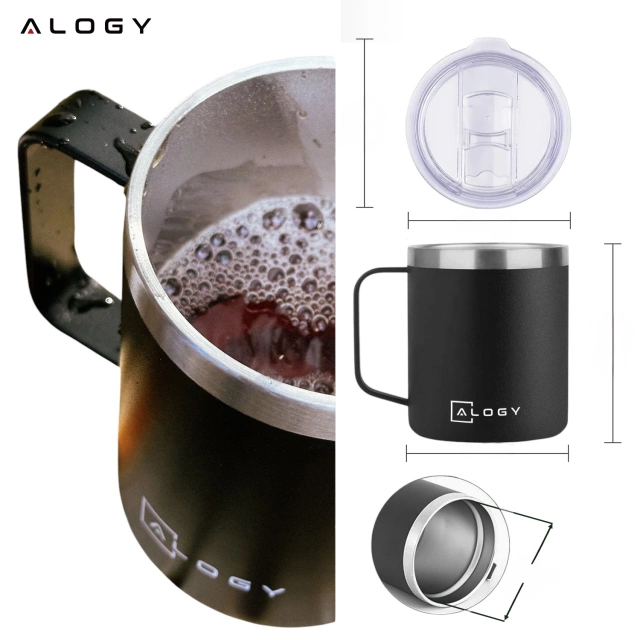 Alogy Kubek termiczny z uchwytem Thermal Mug otwierana pokrywka stalowy zimno i ciepło Czarny