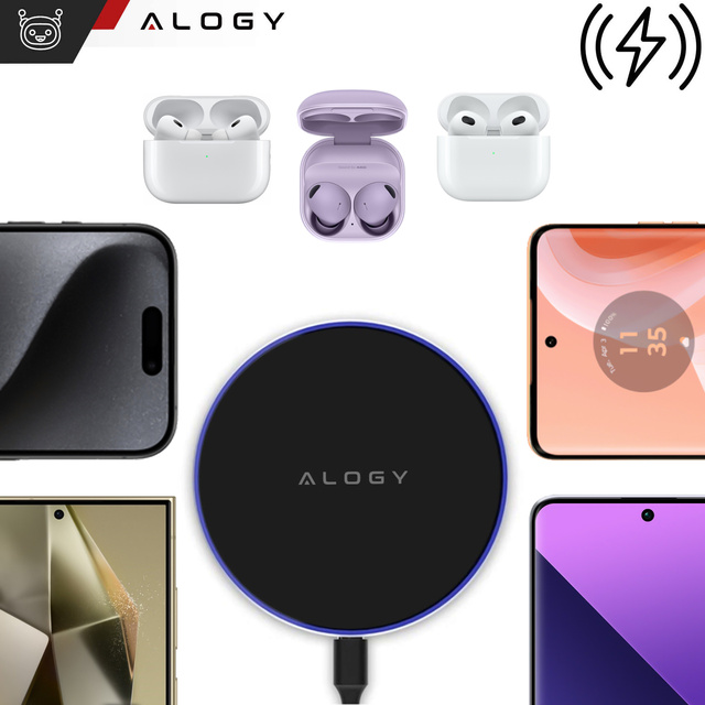Alogy Ładowarka indukcyjna QI bezprzewodowa 20W szybka LED okrągła  + kabel USB-CCzarna