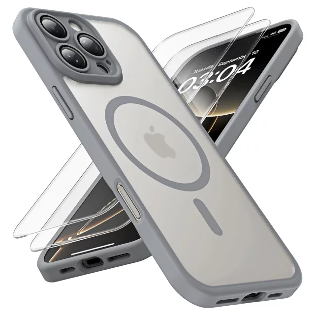 3w1 Zestaw Etui Hybrydowe + 2x Szkło hartowane do Apple iPhone 16 Pro Max obudowa ochronna Hybrydowe MagSafe z ochroną obiektywu case ochronne na telefon Alogy 3in1 Case Pack Titanium Szare