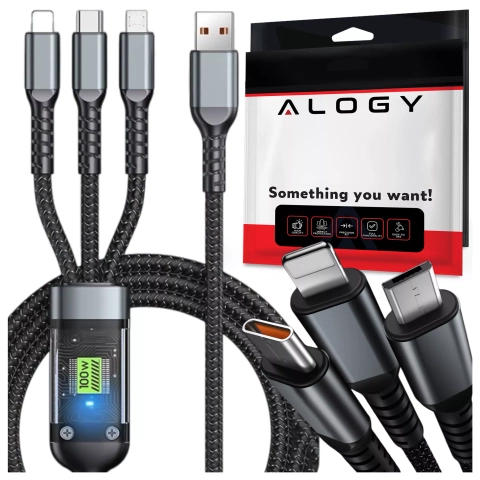 Kabel 120cm Alogy 3w1 Szybkie ładowanie Charging Cable 100W USB do USB-C + Micro + Lightning Czarny