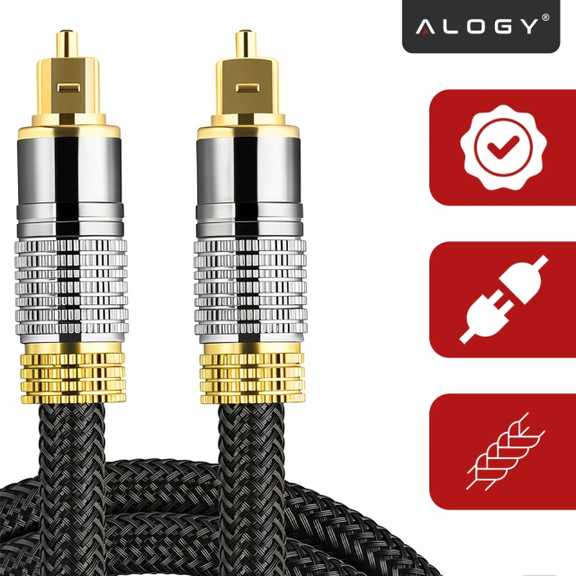 Kabel optyczny cyfrowy Audio 1m – krystaliczny dźwięk bez szumów i zakłóceń, pozłacane końcówki, nylonowy oplot 6.0 mm do TV i PC – Alogy OptiSound™ Czarny