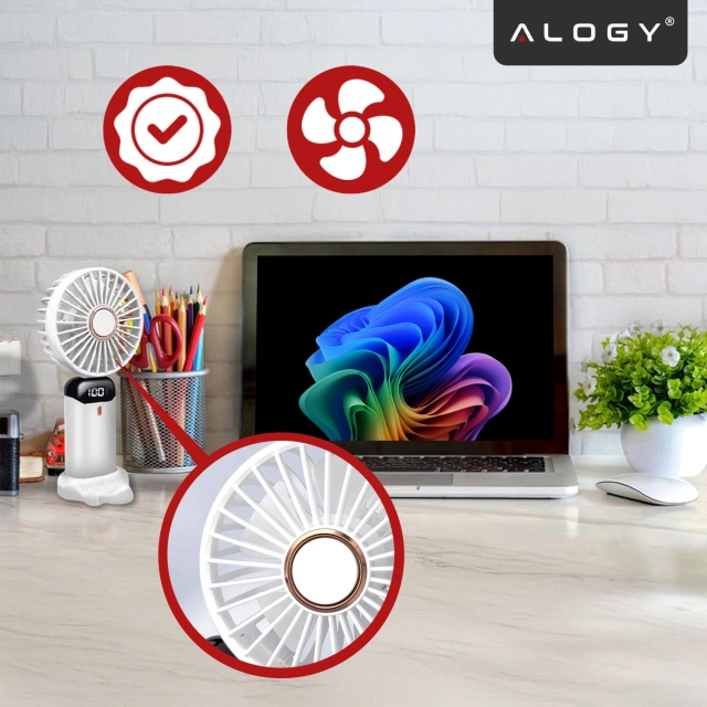 Wentylator Wiatrak Ręczny Bezprzewodowy, Przenośny i Biurkowy, z Uchwytem na Telefon, Ładowanie USB-C, Bateria 18650, Alogy CoolBreeze™ – Biały