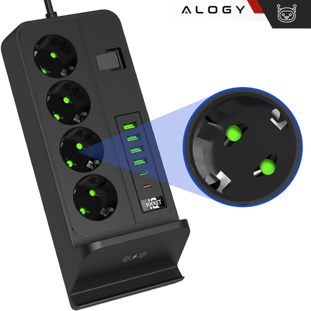Rozgałęźnik gniazdka Alogy Plug Extender rozdzielacz adapter przedłużacz 3m z ładowarką Qi indukcyjną 4x wtyczka EU + 4x USB + 2x USB-C Czarny