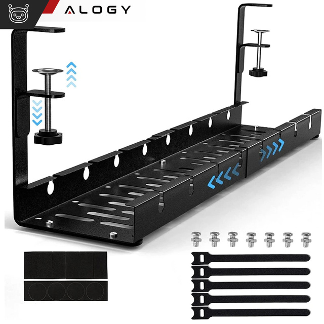 Alogy Organizer kabli pod blat półka regulowana na kable listwe biurkowy aluminiowy uchwyt Czarny 