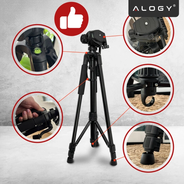 Alogy Statyw Fotograficzny Tripod Uniwersalny stojak do Kamer 1/4 uchwyt na telefon aparat 170cm Czarny