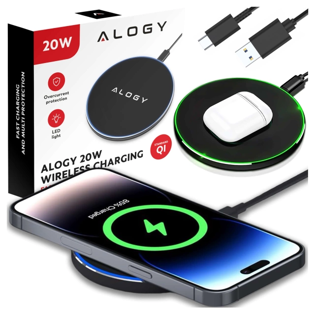 Alogy Ładowarka indukcyjna QI bezprzewodowa 20W szybka LED okrągła  + kabel USB-CCzarna