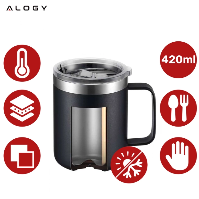Alogy Kubek termiczny z uchwytem Thermal Mug otwierana pokrywka stalowy zimno i ciepło Czarny