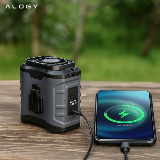 Mały wentylator Alogy Wiatrak z funkcją PowerBanka stojący wiszący do powieszenia na pasku przy spodniach 4000mAh Czarny
