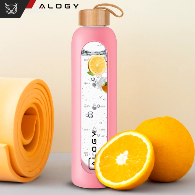 Alogy Motivational Glass Water Bottle Butelka szklana duża bidon na wodę napoje Miarka motywacyjna 1l 1000ml Różowa
