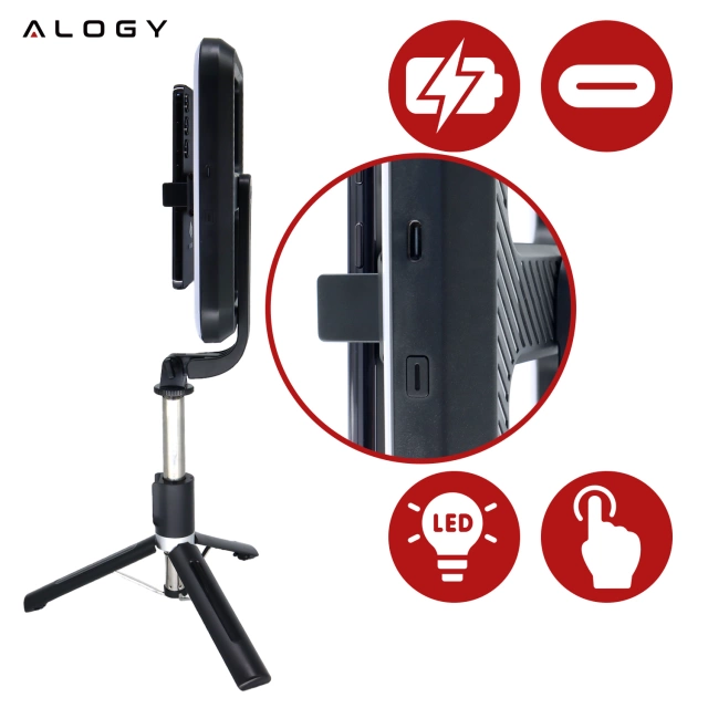 Kijek Selfie Stick Alogy GlowStick™ Pro Tripod Selfie z pilotem i lampą LED do zdjęć makijażu nagrywania filmików długi 132cm Czarny