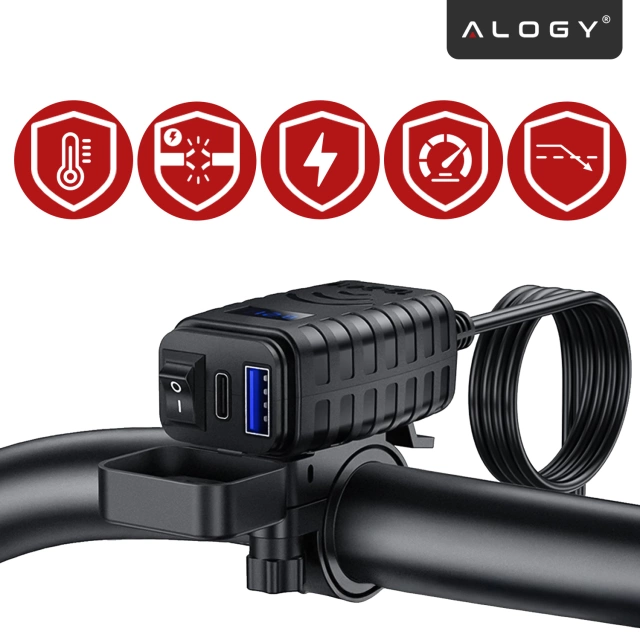 Ładowarka Motocyklowa z Wyświetlaczem, Szybkie Ładowanie 36W PD + QC 3.0, Porty USB-A i USB-C, Wodoodporna i Solidna, Alogy MotoCharge Pro™ – Czarna