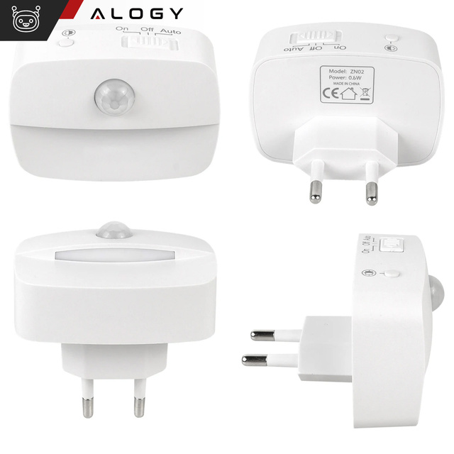 2x Alogy Lampka nocna z czujnikiem ruchu LED Night Light 3 barwy światła do gniazdka EU Biała