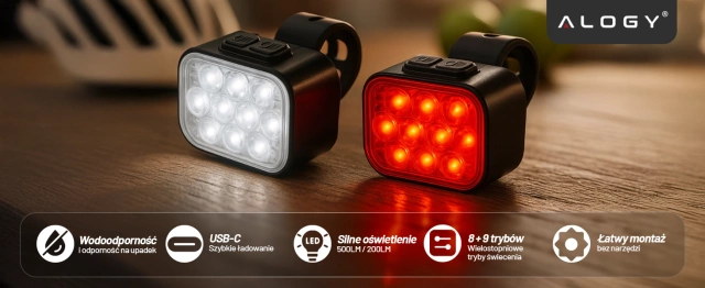 Lampka rowerowa LED Alogy DuoRide™ Lights Latarka na rower wodoodporne światło światełko na przód i tył przednia tylna 2 sztuki 10 LED