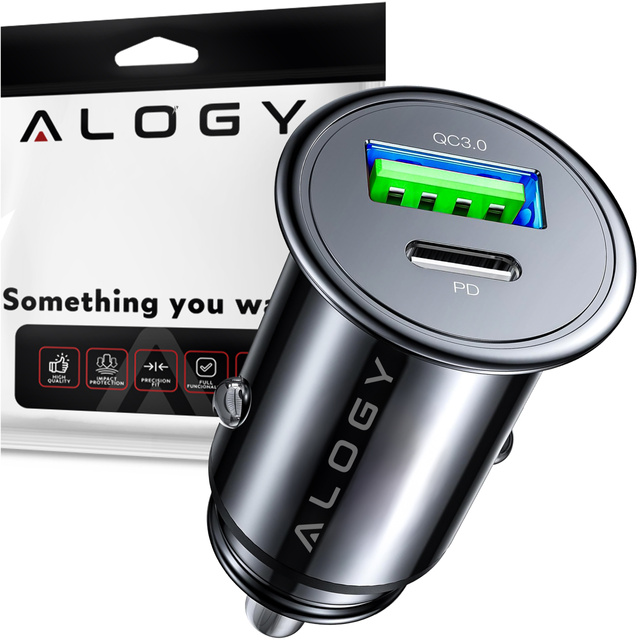 Alogy Car Ładowarka samochodowa USB QC 3.0 18W + USB C PD 30W szybka mocna do telefonu czarna