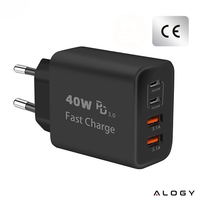 Ładowarka sieciowa 40W 2x USB 2x USB-C Alogy Super Fast Charger Szybkie ładowanie PowerDelivery PD Czarna