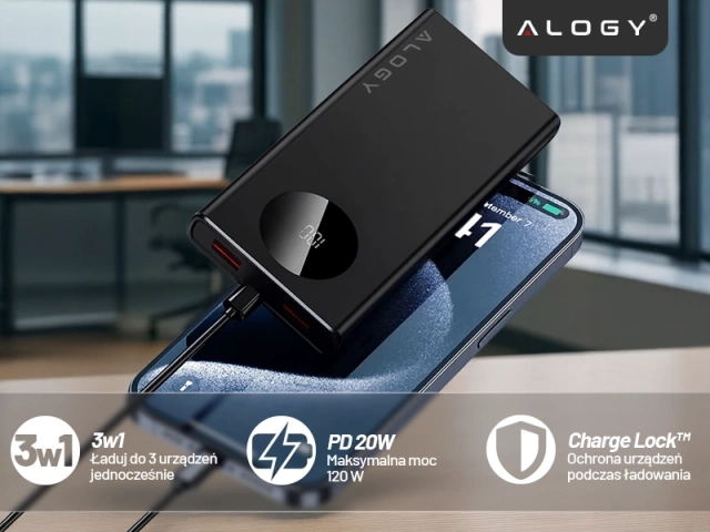 PowerBank 10000mAh z Technologią PD 120W, Szybkie Ładowanie PowerDelivery, Porty 2x USB-A i 1x USB-C, Wysoka Moc i Kompaktowy Design, Alogy TurboCharge™ – Czarny
