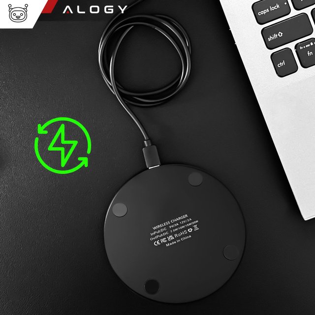 Alogy Ładowarka indukcyjna QI bezprzewodowa 20W szybka LED okrągła  + kabel USB-CCzarna