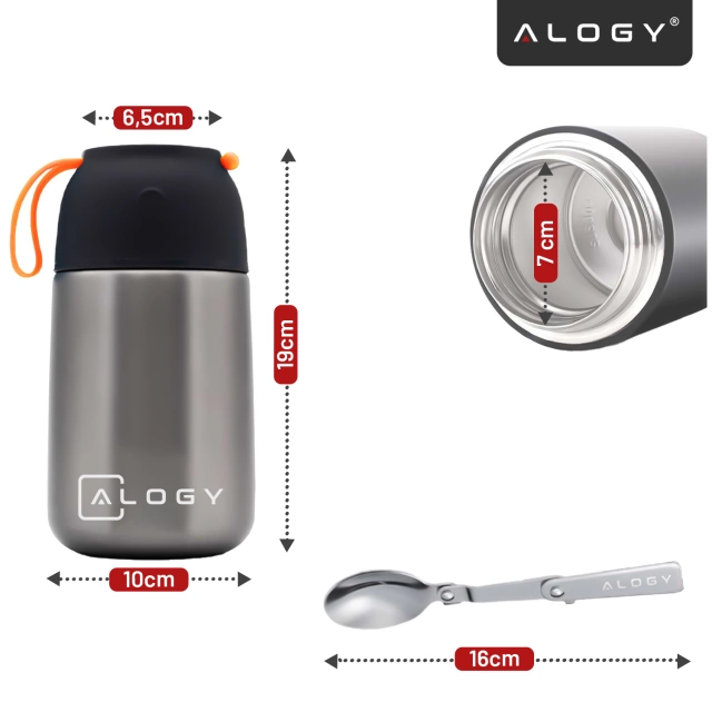 Alogy Termos obiadowy na jedzenie zupe dla dzieci 700ml ze stali nierdzewnej + składana łyżeczka termiczny szary