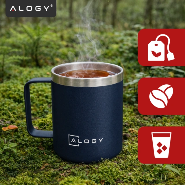 Alogy Kubek termiczny z uchwytem Thermal Mug otwierana pokrywka stalowy zimno i ciepło granatowy