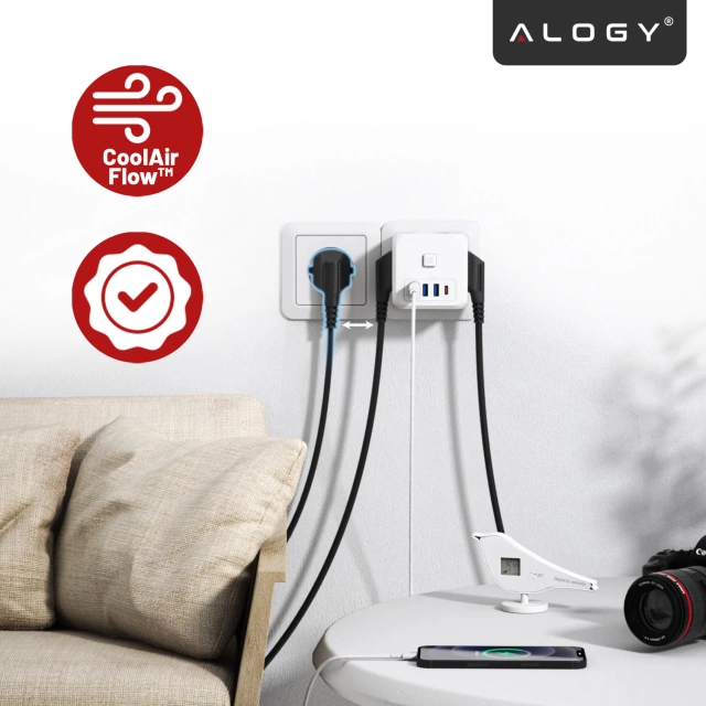 Alogy Rozgałęźnik sieciowy rozdzielacz Ładowarka adapter złodziejka 3 gniazdka PL/EU USB USB-C 7w1 5V 2.4A Biały