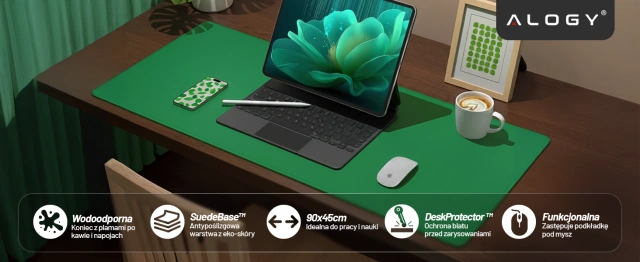 Podkładka na biurko 90×45 cm – antypoślizgowa mata ochronna z eleganckiej ekoskóry PU, pod mysz i klawiaturę, stylowa i trwała – Alogy WorkMat™ Zielona