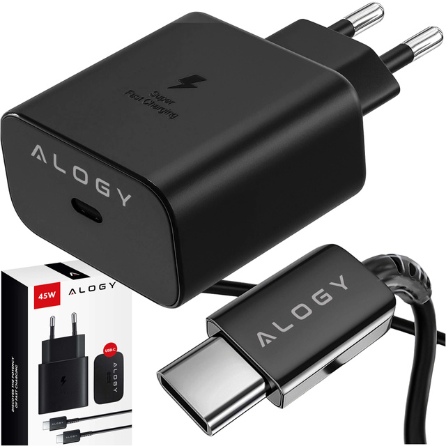 Alogy Ładowarka sieciowa USB-C typ C PD Premium szybka 45W 3A + Kabel Type-C 1M czarna