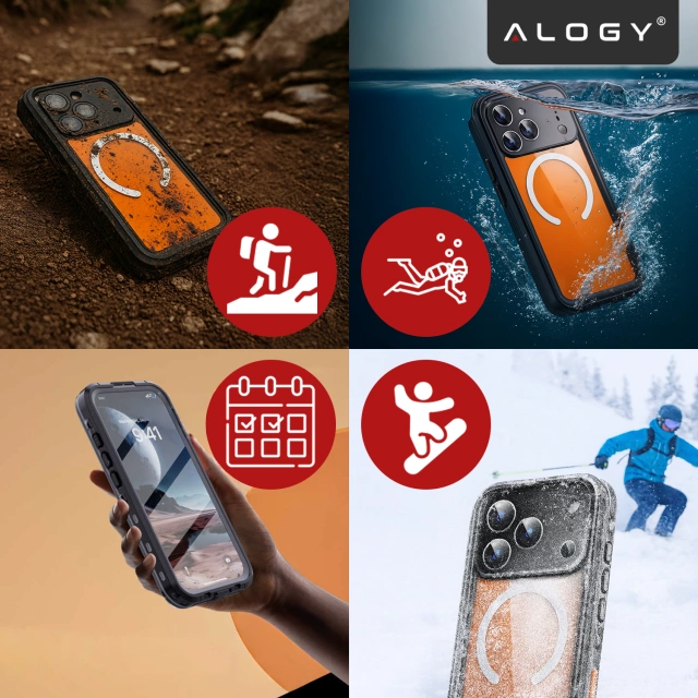 Etui Wodoodporne do Apple iPhone 17 Pro 6,3", Pancerna Obudowa 360° z Przezroczystym Tyłem, Kompatybilna z MagSafe, Alogy HydroArmor™ IP68 Case – Czarne