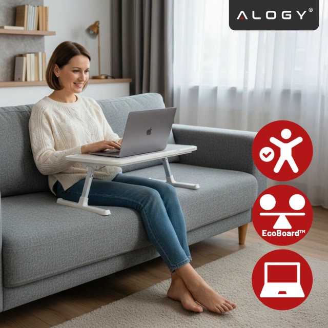 Stolik składany regulowany 60×35 cm – biurko na laptopa z szufladą i portem USB, składane nogi, stabilna konstrukcja do pracy i nauki – Alogy FoldDesk™