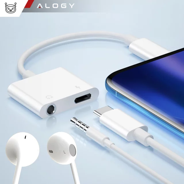 Adapter USB-C do Mini Jack 3.5mm i USB-C Kabel AUX Alogy do Apple iPhone USB-C Biały