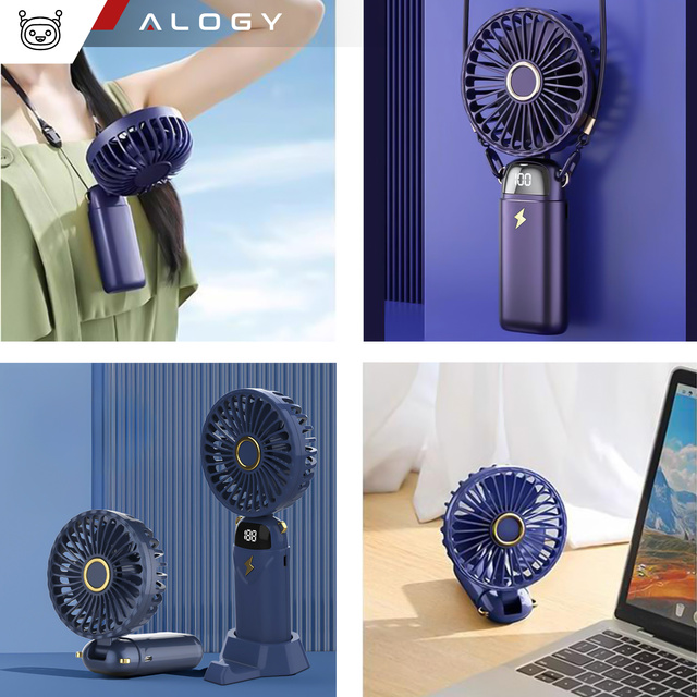 Alogy Wentylator Wiatrak wiatraczek ręczny bezprzewodowy przenośny do ręki na biurko z uchwytem na telefon USB-C Granatowy