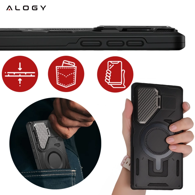 Etui do Samsung Galaxy S25 Ultra Case do MagSafe Wzmocniona Pancerna ochrona obiektywów z funkcją podstawki obudowa ochronna na telefon Alogy HeavyDuty Mag™️Czarne