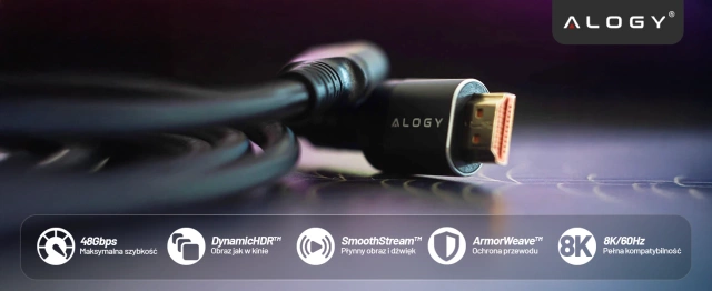 Kabel HDMI 2.1 Alogy 1m 4K 8K PREMIUM MIEDŹ ULTRA High Speed 60Hz 48GBps Czarny