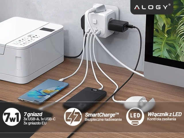 Alogy Rozgałęźnik sieciowy rozdzielacz Ładowarka adapter złodziejka 3 gniazdka PL/EU USB USB-C 7w1 5V 2.4A Biały