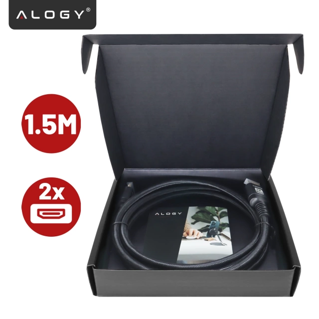Kabel HDMI 2.1 1.5 m, 4K/8K Alogy Ultra High Speed™ 48 Gbps 60Hz, Premium z Pozłacanymi Końcówkami, Nylonowy Oplot, Miedziany – Czarny