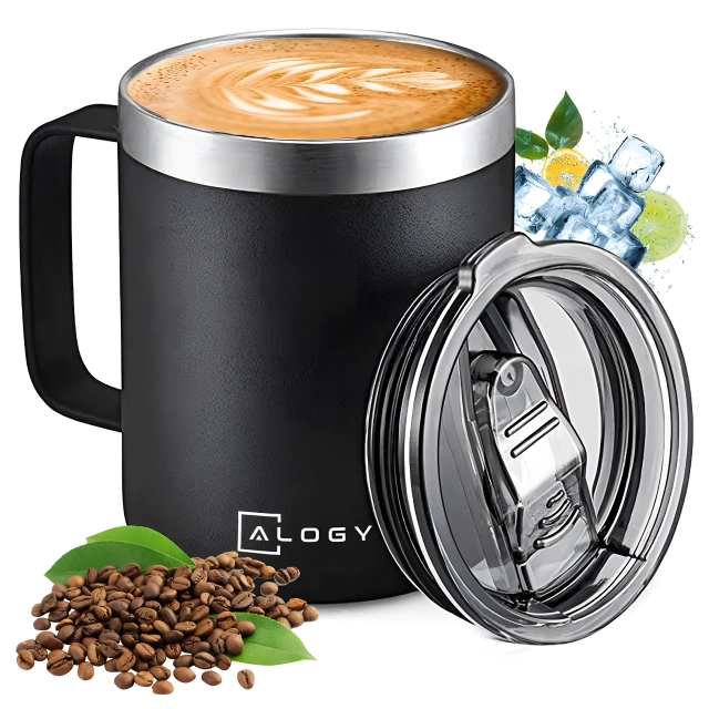 Alogy Kubek termiczny z uchwytem Thermal Mug otwierana pokrywka stalowy zimno i ciepło Czarny