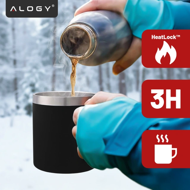 Alogy Kubek termiczny z uchwytem Thermal Mug otwierana pokrywka stalowy zimno i ciepło Czarny