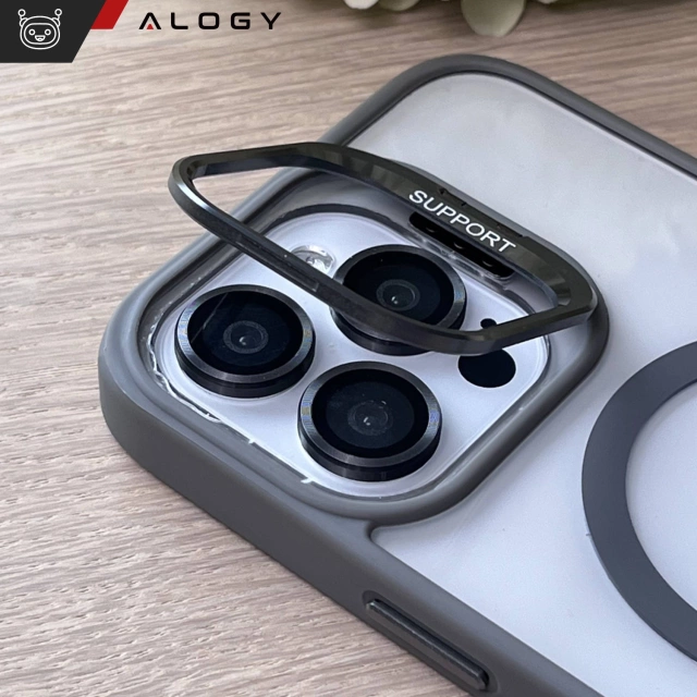 Etui hybrydowe ochronne do Apple iPhone 16 Pro Max Alogy KickStand Hybrid Case z podpórką do MagSafe Szare + szkło hartowane