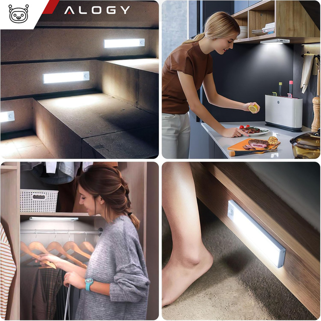 2x Lampka szafkowa z czujnikiem ruchu Listwa Alogy Motion Sensor LED Light 20cm do garderoby szafy kuchni Srebrna