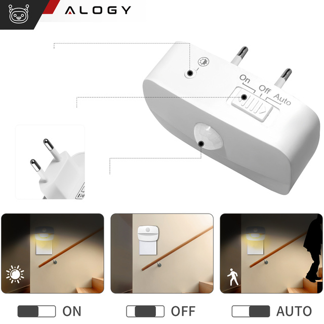 2x Alogy Lampka nocna z czujnikiem ruchu LED Night Light 3 barwy światła do gniazdka EU Biała
