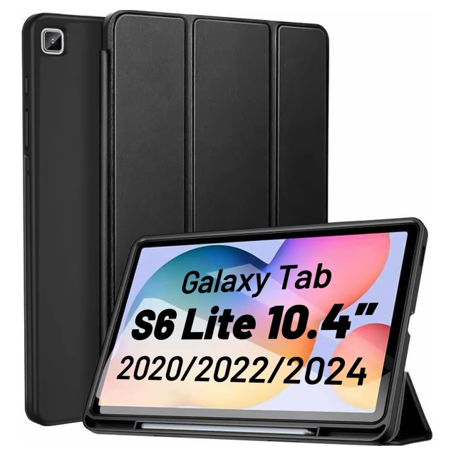 Etui z Miejscem na Rysik do Samsung Galaxy Tab S6 Lite 10.4” (2020/2022/2024) P610 P615 P613 P619 P620 P625, Smukła i Wytrzymała Obudowa z Klapką i Podstawką, Alogy Pencil Case™ – Czarne
