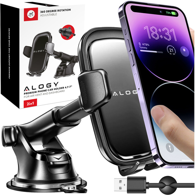 Uchwyt samochodowy na telefon szybę kratkę kokpit deskę do samochodu auta do telefonu 7" Alogy 3w1 Czarny + Organizer