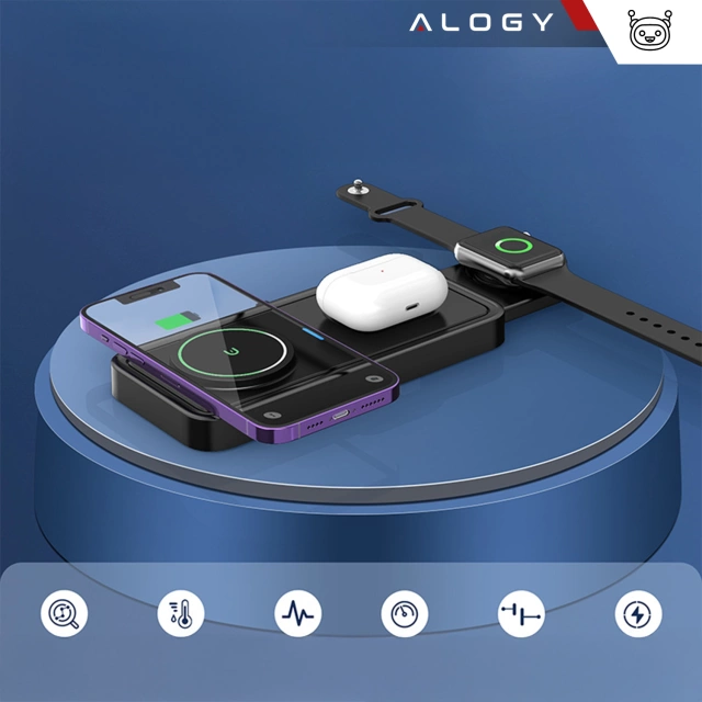 Ładowarka Indukcyjna Alogy Bezprzewodowa Qi PD QC 3.0 2w1 Szybka do Apple iPhone Airpods Watch Stacja ładująca stojak czarna 