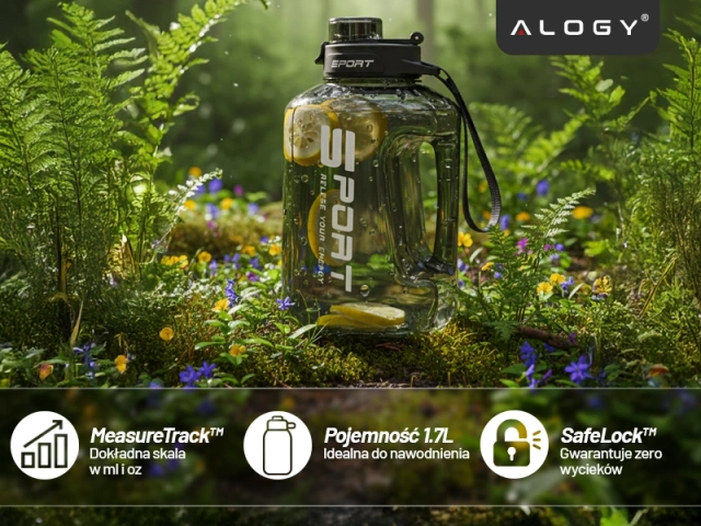 Duża Butelka Motywacyjna na Wodę 1.7L Bidon Sportowy z Miarką, Uchwytem i Pokrywką 2w1 (Dzióbek + Słomka), Wygodna i Szczelna, Alogy Sport 1700ml – Czarna